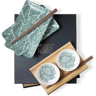Moritz & Moritz 8-tlg. Sushi Geschirr Set für 2 Personen - Sushi Servierset mit 2x Sushi-Teller, Dip-Schälchen und Stäbchen