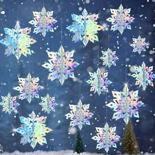 15 Stück Iridescent Papier Hängende Schneeflocken für Weihnachtsdekoration | Große 3D Papier Schneeflocken, Wiederverwendbare Weihnachts Schneeflocken Ornamente für Decken, Winter Fenster Dekoration