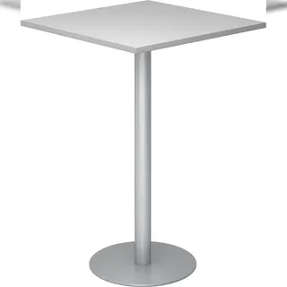 bümö Stehtisch Büro, Bistrotisch eckig 80 x 80 cm - Bartisch grau, Stehtisch Holz-Platte, Säule aus Metall in silber, Buffettisch, Säulentisch,