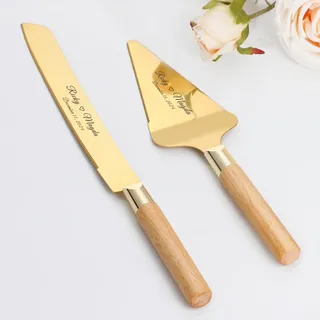 Tortenheber inkl. Tortenmesser im Set mit Persönlicher Gravur, Personalisierte Kuchenheber, Edelstahl Tortenschneider Kuchen Besteck als Geschenk zur Hochzeit, Jahrestag, Geburtstag (Gold Eiche)