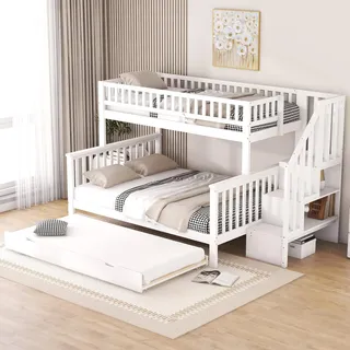 Idemon 90 x 200 und 140 x 200 Etagenbetten, Ausziehbett und Treppe, Weiß | Massiv‐Kiefernholz‐MDF, ausziehbares Rollbett, Ablagefächer, Treppe mit Stauraum, weiß, mit Lattenrost, ohne Matratze