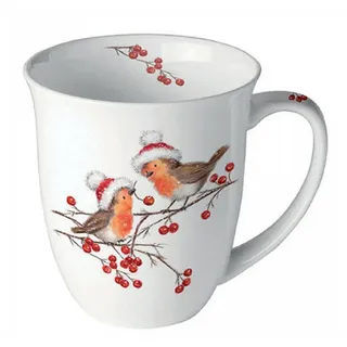 Ambiente Luxury Paper Products Becher Weihnachtsbecher- Silvester - Herbst / Winter Tee - Kaffee Tasse, 1-tlg., Porzellan Tasee ca. 400 ml, Becher 0,4 l Schnee - Eis, Motiv, Winter, Weihnachten, Weihnachtsrotkehlchen, Rotkehlchen, Vogel, Mütze, Motiv, Kollektion, Mug, Weihnachten, Geschenkartikel bunt 400 ml