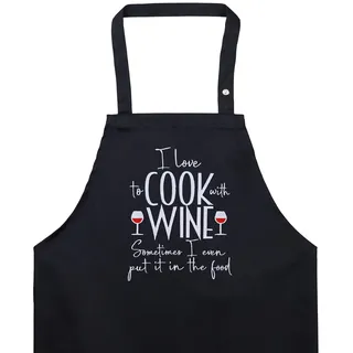 Kochschürze für Damen mit lustigem Spruch gestickt: I LOVE TO COOK WITH WINE Schürze verstellbar mit Tasche Grillschürze Frauen Latzschürze bestickt - Geburtstags-Geschenk Weinliebhaber - Einheitsgröße