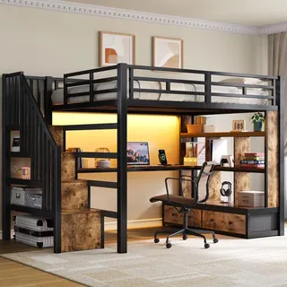 MODFU Jugendbett 140x200 mit Schreibtisch und zwei Schubladen Bettgestell mit Stauraum Hochbett mit LED-Beleuchtung und Regalen mit Matratze Schwarz - Schwarz