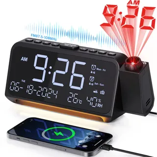 Mesqool Radiowecker mit 320° Projektor, Digitaluhr für Schlafzimmer, USB/Type-C-Anschluss, Doppelalarm mit Wochenend/Wochentagsmodus, Snooze, Dimmer, Batterie-Backup, Projektionswecker, Nachtlicht