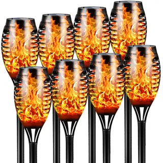 FLOWood Solarleuchten für Außen Garten, 8 Stück, 12LED Solarlampe für Außen Solar Fackel Gartenfackeln, IP65 Wasserdicht Solarlampe, Weg, Hinterhöfe, Rasen,Flame