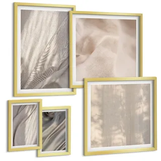 BILDER SET 5er Set - 50x50 cm & 20x30 cm & 40x60 cm Goldrahmen - Nahaufnahme von natürlichen Boho-Stoffen
