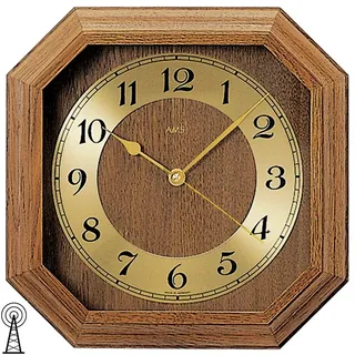 AMS Funk-Wanduhr aus Eiche Holz mit Mineralglas Rustikal mit Gold Braun