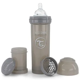 Twistshake Anti-Kolik Babyflasche mit Milchpulverbehälter und Mixer - 330 ml | Brustähnliche Brustwarze aus Silikon mit schnellem Durchfluss | BPA-freie | Geeignet für Babys ab 4 Monaten | Grau