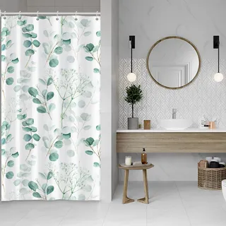 ASDCXZ Eukalyptusblätter Duschvorhang 90x180 cm, Frühling Türkis Eukalyptus Blätter Blumen Bad Waschbar Schmal Duschvorhänge Polyester Textil Wasserdicht Duschvorhang für Badewanne mit 6 Haken