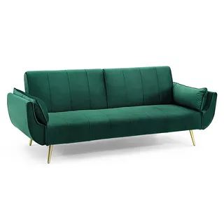 invicta INTERIOR Retro Schlafsofa DIVANI 220cm smaragdgrün Samt goldene Füße Bettfunktion 3er Sofa Schlafcouch Schlaffunktion Couch