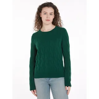 Strickpullover TOMMY HILFIGER "SOFT WOOL CABLE C-NK", Damen, Gr. XS (34), ornamental grün, Strick, Obermaterial: 100% Wolle, unifarben, normal, Rundhals, Bündchen, Pullover Strickpullover, mit Zopfmuster, aus reiner Wolle