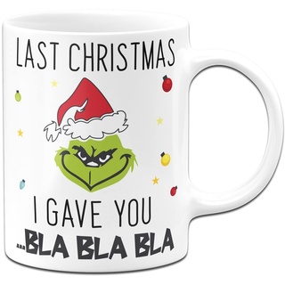 Tassenbrennerei Grinch Tasse mit Spruch: Last Christmas Bla Bla Bla - Weihnachtstasse lustig - Kaffeetasse als Grinch Deko (Weiß)
