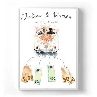 codiarts. Personalisiertes Geldgeschenk Poster – optional mit Rahmen – Gastgeschenk Hochzeit mit Namen und Datum – Hochzeitsgeschenk für Brautpaar (Auto 5, DIN A3)