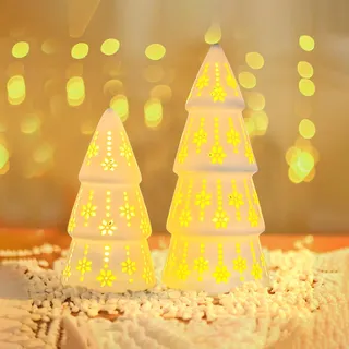2 Stück Weihnachtsdeko Laterne Weihnachtsbaum Weiß Keramik Weihnachten Lichthaus mit LED Licht Weihnachtsbeleuchtung Tannenbaum Nachtlicht Weihnachten Deko Baum Laterne für Weinachtsdekoration (Weiß)