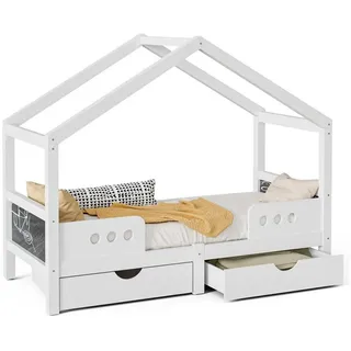 autolock Kinderbett Kinderbett mit Dachdesign,2 großen Schubladen+stabilem Holz+MDF-Rahmen, UV-Lackierung fast geruchsfrei,Belastbar bis 120kg,geeignet für Kinder weiß