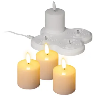 Spetebo LED Dekolicht LED Kerze warm weiß aufladbar mit Ladestation 4er Set, An / Aus, LED fest integriert, warm weiß, Künstliche kleine Stumpenkerze mit Flackereffekt Akku betrieben weiß Ø 5 cm x 10 cm