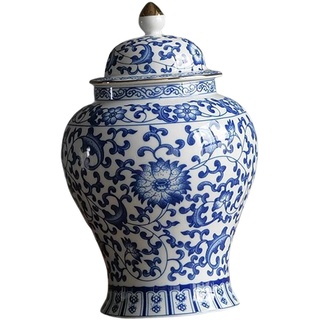 Milageto Chinesische Keramik Ginger Jar Blumenvase mit Deckel Blau und Weiß Tischdekoration Home Decor Porzellanglas für Restaurant Party Decor Ornament