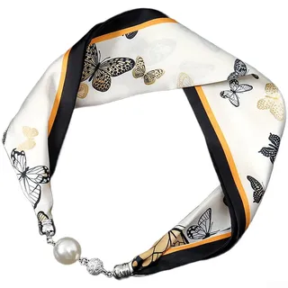 QuivyLivy Damen Schal Halskette mit Magnet Perlenverschluss, Retro Blumendruck Design, Simulierter Seidenschal, Einfach Snap-on Verschluss, Tragen(T)