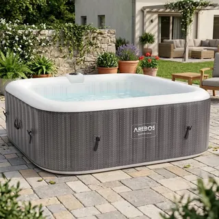 AREBOS Aufblasbarer Whirlpool "Barcelona", 185x185 cm, In- & Outdoor, mit Heizung, 910 Liter, Inkl. Abdeckung, Bubble Spa & Wellness Massage 6 Person - Grau