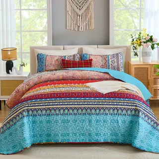Bohemian Quilt Set Twin, Boho Striped Printed Bedding Quilt Set Coverlet with Pillow Shams, Lightweight Microfiber Bedspread Set for All Seasons (2 Pieces, Twin Size)