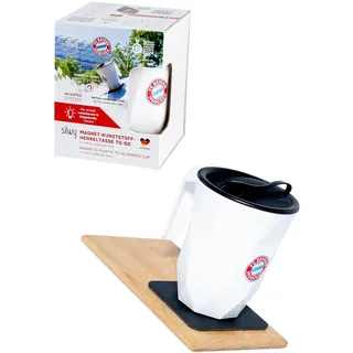 silwy® Magnet-Henkeltasse TO-GO, mit Bayern München Logo gebrandeter Cup mit integrierten Magneten und metallischem Nano-Gel-Untersetzer (KUNSTSTOFF TO GO CUP)