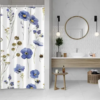 ASDCXZ Blumen Duschvorhang 120x200 cm, Frühling Aquarell Blau Blumen Pflanzen Weiß Bad Waschbar Schmal Duschvorhänge Polyester Textil Wasserdicht Duschvorhang für Badewanne mit 8 Haken