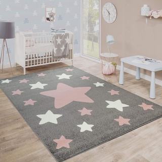 Paco Home Teppich Kinderzimmer Kinderteppich Große Und Kleine Sterne In Grau Rosa, Grösse:80x150 cm