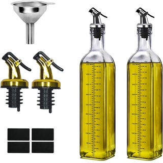 Ölflasche Essig und Ölspender Set 500ml 2PCS Olivenöl spender Flasche mit Trichter, Antifouling-Abdeckung, Etikett, für Küche Grill Pasta Salate Backen Küche und BBQ