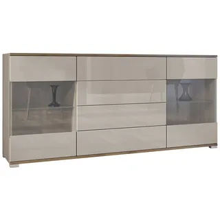 Vladon Sideboard Bari V2 (Kommode mit 2 Türen, 4 Schubladen und 2 flexible Glaseinlegeböden), Eiche Evoke/Sandgrau Hochglanz (166,5 x 75,5 x 35) grau