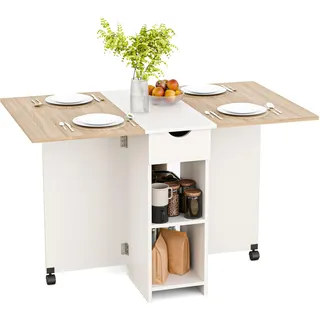 Mondeer 120cm Esstisch Klappbar,Küchentisch mit Rollen für 2-4 Personen | Platzsparender Klappbarer Klapptisch mit Schublade und Ablagen für kleine Räume,Esszimmer,Küche,Eiche und Weiß