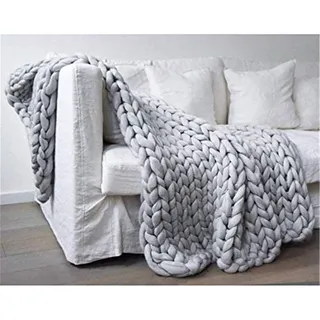 Nicole Knupfer Decke Gestrickte Werfen Handgefertigt Grobe Strickdecke Wolle Garn Sofa Decke DIY Zuhause Geschenk (Hellgrau,120×180cm)