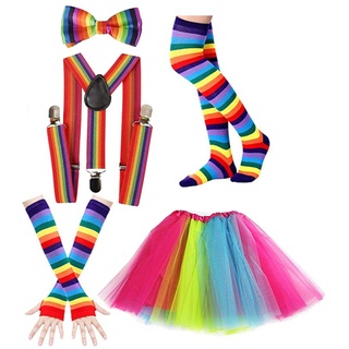 Karneval Kostüm Damen Set 80er Jahre Karneval Kostüm Tütü Tüllrock Damen 7 Stück Set gestreifte Beinstulpen, kniehohe Strümpfe, lange Handsc...