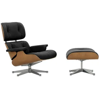 Vitra - Lounge Chair & Ottoman, poliert, Kirsche natur, Leder Premium F, nero (neue Maße)