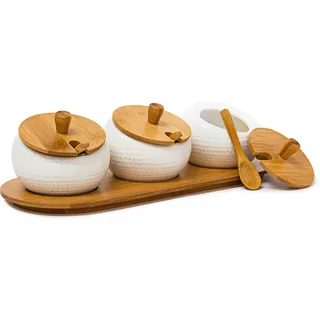 Relaxdays Gewürzhalter JIAO Keramik/Bambus, HxBxT:8,5x30,5x12cm, Gewürzdosen mit Deckel & Halter natur
