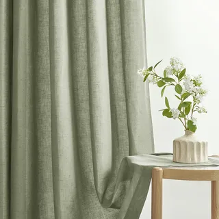Topfinel Leinen Vorhang Grün Salbeigrün mit Ösen Leinen Baumwolle Boho Gardinen Ösen H 225 x B 140 cm, Halbtransparent Vorhang Leinenoptik Vorhänge für Wohnzimmer Schlafzimmer Ösenvorhang 2er Set
