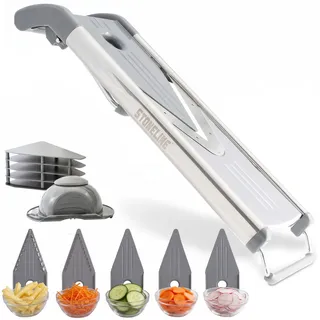STONELINE V Hobel Gemüseschneider Set 9 teilig für Scheiben Stifte Streifen Würfel, mit 5 Schneid-Einsätzen Klingen aus Edelstahl, Gemüsehobel Gemüsereibe Pommesschneider Mandoline Küchenhobel