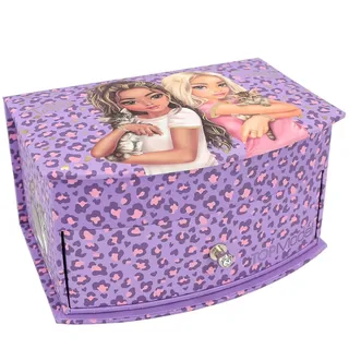 Depesche 12281 TOPModel Lilac Love-Schmuckkästchen in Lila, mit Leo-Muster, Model-Motiv und Glitzersteinen, Schmuckbox mit Spiegel und Klappdeckel, Mehrfarbig