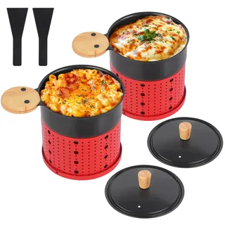 ipow 2er Set Mini Raclette Grill, Racletteofen Set antihaftbeschicht Kerzenraclette für Teelichter, Mini Raclettes, Teelicht-Raclette mit 2 Schaufeln und Deckel, Rot