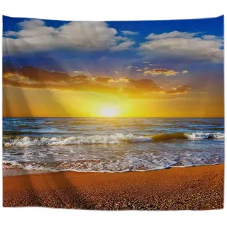 A.Monamour Wanddekor Wandbild Vorhang Wandteppiche Strand Sonnenaufgang Blau Bewölkt Himmel Meer Meer Strand Natur Landschaft Landschaft Bild Stoff Wand Tapisserie Wandbehänge 180x230cm