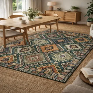 Generisch Teppich Quadratisch,Geometrisch, Vintage Grün, Orange, Rot, Beige, Blau, 200 x 200 cm, Kurzflor Teppiche Schlafzimmer Wohnzimmer Dekoration, fußbodenheizung geeignet