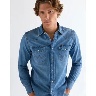 Langarmhemd WRANGLER "WESTERN SHIRT", Herren, Gr. XL, N-Gr, mid_light_wash, Web, Obermaterial: 100% Baumwolle, regular fit normal, Ärmel mit Ärmelschlitz Manschette mit Druckknöpfen, Hemden
