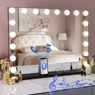 Hansong Großer Hollywood Spiegel mit Beleuchtung und Musik Lautsprecher, 18 dimmbare LED-Lampen, Beleuchteter Schminkspiegel mit USB-Ladeanschluss Hollywood Schminkspiegel