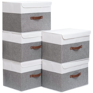 Yawinhe 5 Stück Aufbewahrungsbox mit Deckel, Faltbare Stoffboxen, Waschbare, für Schlafzimmer, Kleideraufbewahrung, 38x25x25cm, Weiß/Grau, SNK018WGL-5