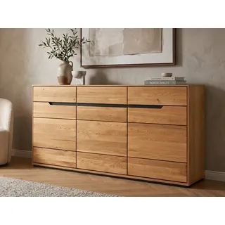 Massivart® Sideboard 153 cm Breite Massivholz Wildeiche geölt »ARAYA«, 3 Schubladen · 3 Drehtüren · 3 Einlegeböden · schwarze Griffmulden beige