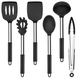 Herogo Kochlöffel Set, 6 Stück Silikon Küchenhelfer Kochbesteck, Schwarz | Hitzebeständiger Kochutensilien Küchenset mit Edelstah Griff, Antihaft Küchenutensilien Set zum Kochen, Spülmaschinenfest