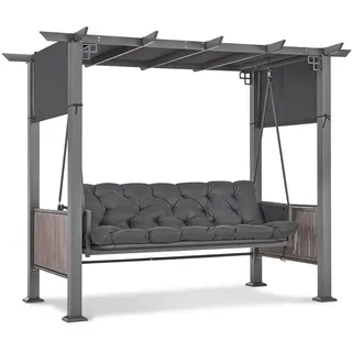 M MCombo 3-Sitzer Pergola Hollywoodschaukel mit Liegefunktion & Gartenpavillon, Gartenschaukel mit Ausziehbarem Sonnendach, 8CM Extradickem Sitzkissen & Silent-Haken, Schaukelbank 4067 (grau)