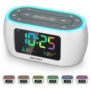 BUFFBEE Radiowecker mit bunten Regenbogenziffern - 7-farbiges Nachtlicht mit EIN/Aus-Option, Doppelalarm, Dimmer & USB-Ladegerät, FM-Radio für Schlafzimmer, netzbetrieben und batteriegestützt