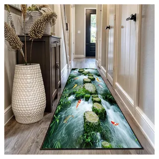 Siunwdiy 3D Teppich Läufer Flur Lang 80 x 200 cm – Grüner waschbarer Küchenteppich mit Fisch-Muster, rutschfest für Korridor/Schlafzimmer/Wohnzimmer – Moderner Flurläufer, Meterware anpassbar