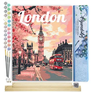Figured'Art Malen Nach Zahlen Erwachsene Mit Rahmen Reiseposter London in voller Blüte - Paint by Numbers Basteln DIY Bastelset 40x50cm Mit Keilrahmen (nicht gespannt)